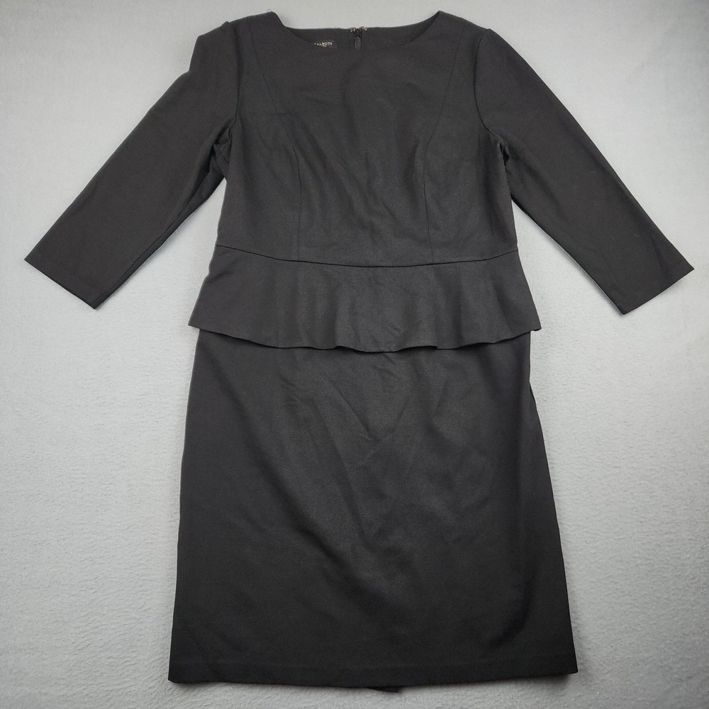 Talbots Dress Womens 10P Black Peplum Sheath 3/4 Sleeve Knee Length Workwear
